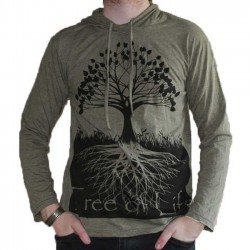 T-Shirt Coton manche longue capuche Arbre de vie Kaki