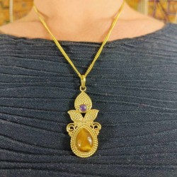 Chaine & Pendentif indien - Lapis et Oeil du tigre