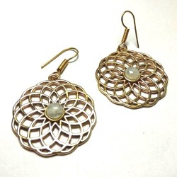 Boucles oreilles Indiennes Dorées Rosace Pierre Blanche