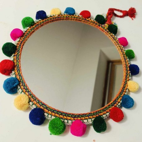 Miroir indien double face 20 cm ponpons