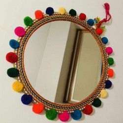 Miroir rond indien coton 25 cm Ponpons