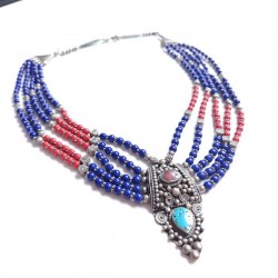Collier indien perles rouges et bleues