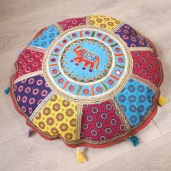 Housse Coussin rond Yoga Elephant Broderie et miroirs